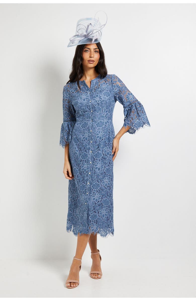 Wallis Lace Button Flute Sleeve Midi Dress, Main, color, Blue