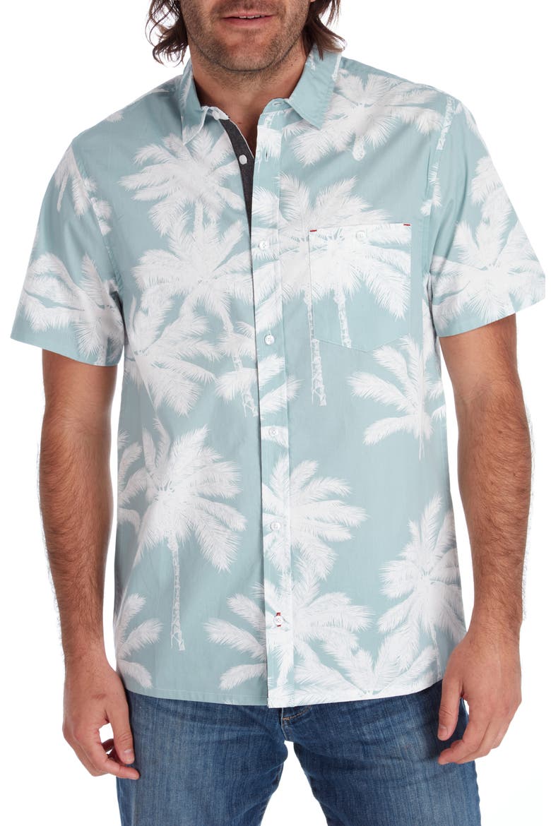 Palm Print Short Sleeve Button-Up Peached Cotton Poplin Shirt, Main, color, SEAFOAM