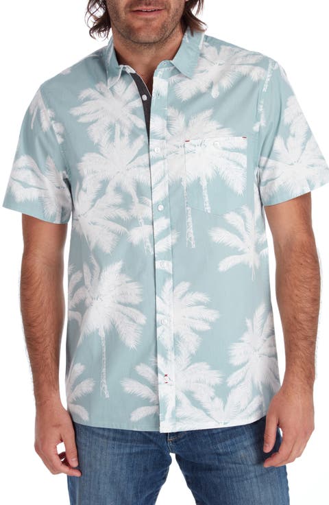 Palm Print Short Sleeve Button-Up Peached Cotton Poplin Shirt