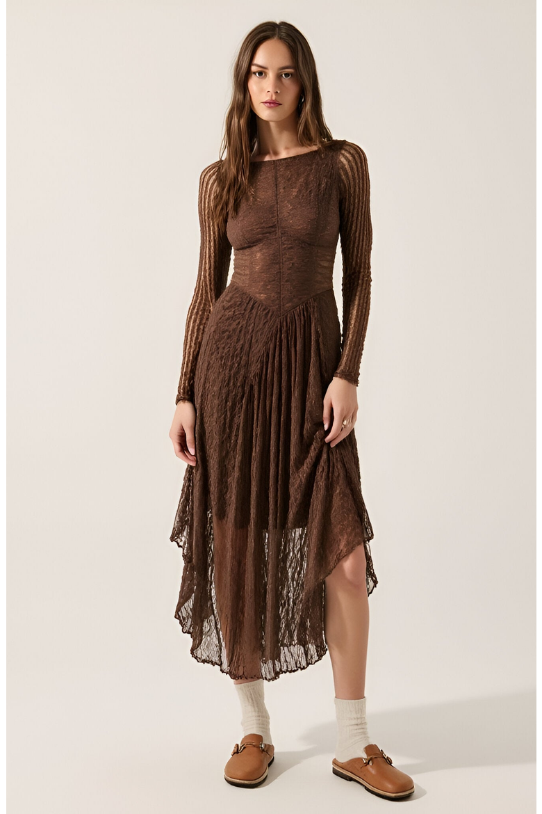 Mixed-Lace Paneled Boat-Neck Drop-Waist Midi Dress, Main, color, Brown