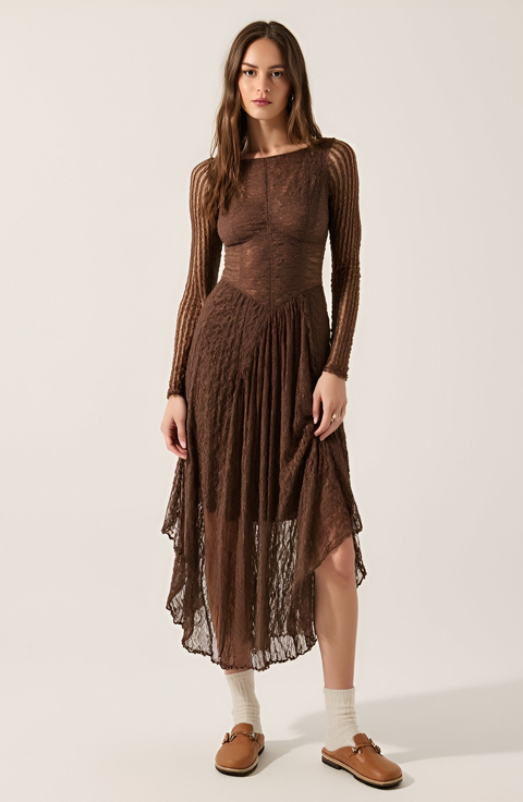 Mixed-Lace Paneled Boat-Neck Drop-Waist Midi Dress