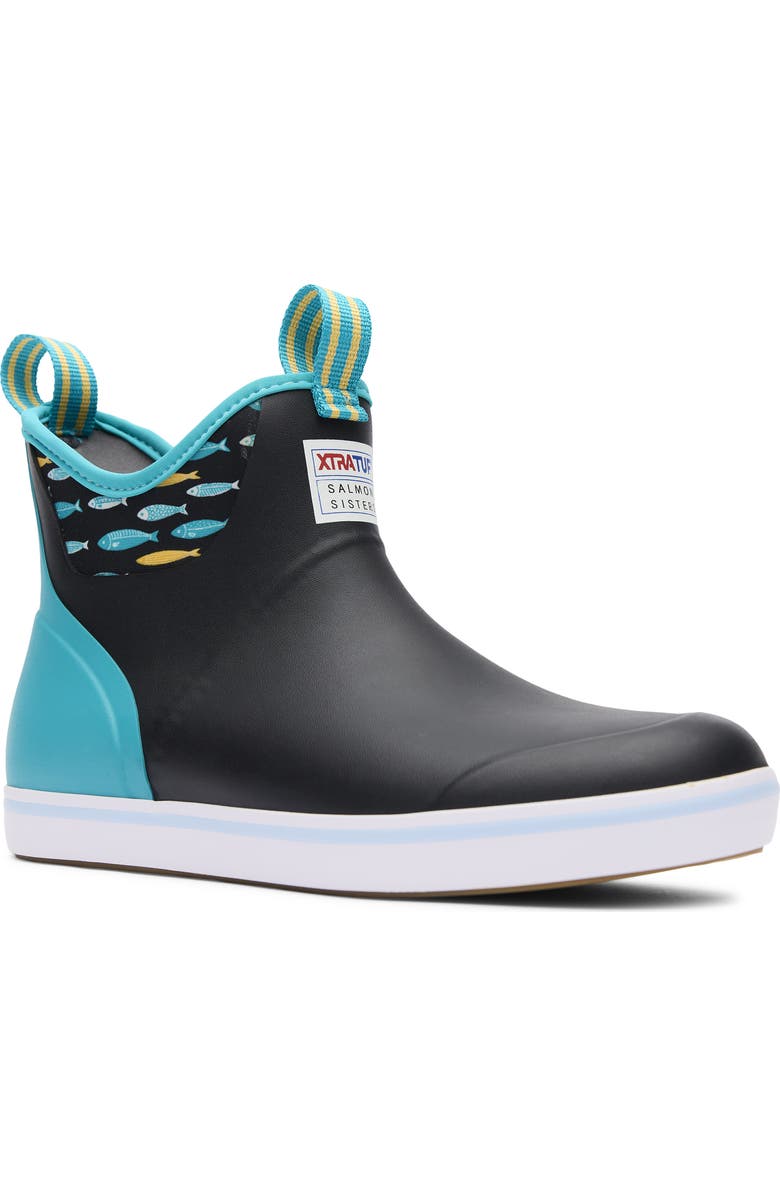 XTRATUF x Salmon Sisters Waterproof Ankle Deck Boot, Main, color, Black/ Tails And Scales