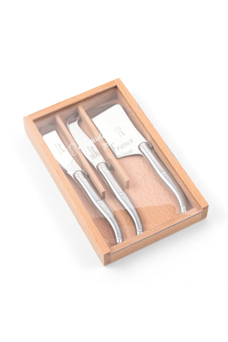 3 Piece Mini Cheese Utensil Set in Wood Box with Acrylic Lid, Main, color, Stainless Steel