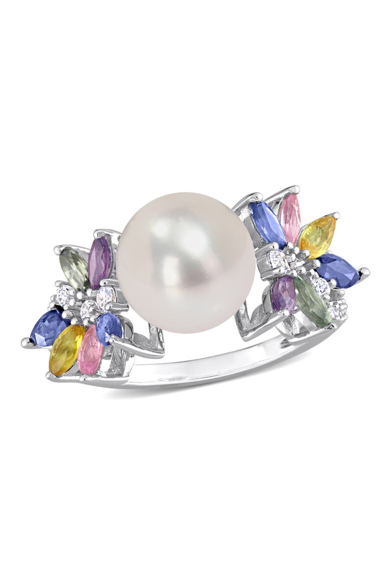 Pearl & Multi Sapphire Diamond Flower Ring 14k, Main, color, Freshwater Pearl