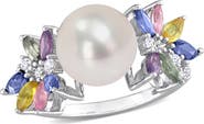 Julianna B. Pearl & Multi Sapphire Diamond Flower Ring 14k
