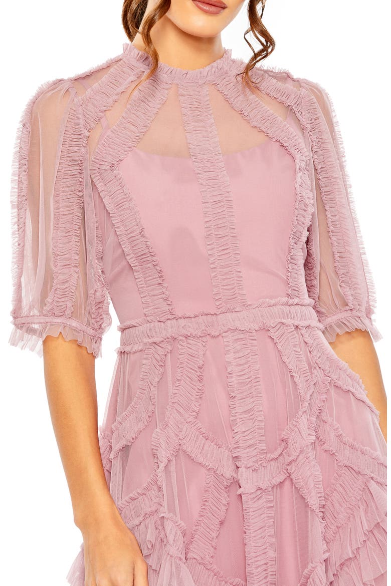 High Neck Puff Sleeve Ruffle Tiered Midi Dress, Alternate, color, ANTIQUE ROSE