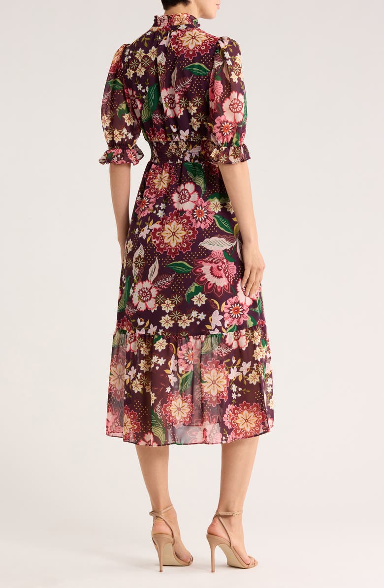 Eliza J Floral Ruffle Elbow Sleeve Midi Dress, Alternate, color, Aubergine