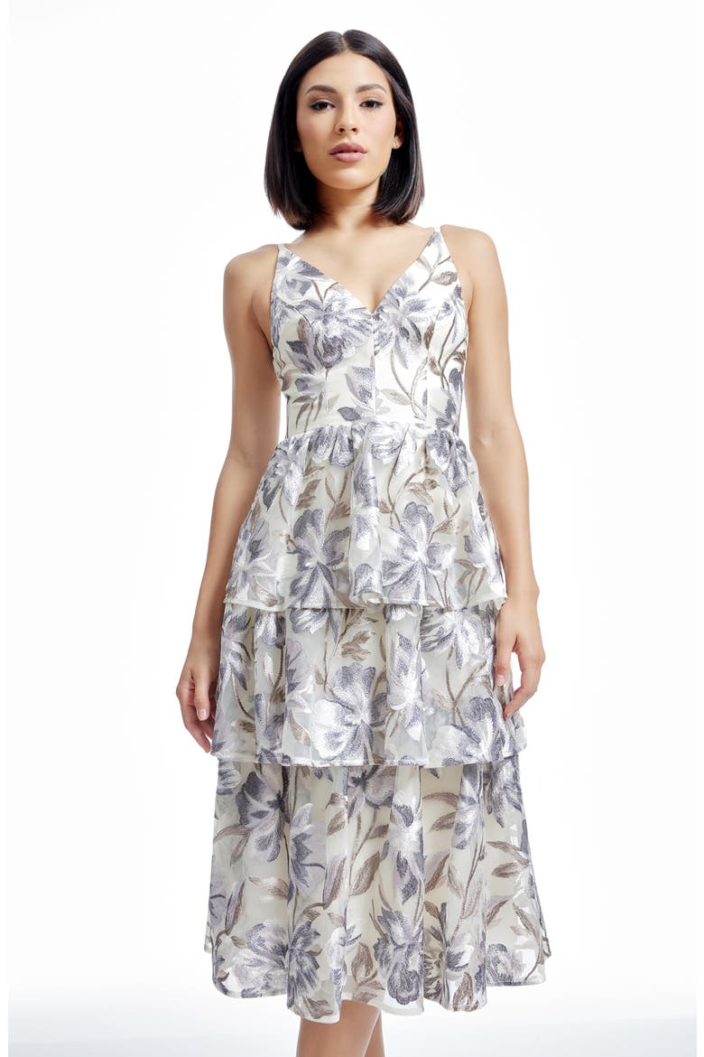 Lorelai Floral Embroidery Tiered Cocktail Midi Dress, Alternate, color, IVORY MULTI