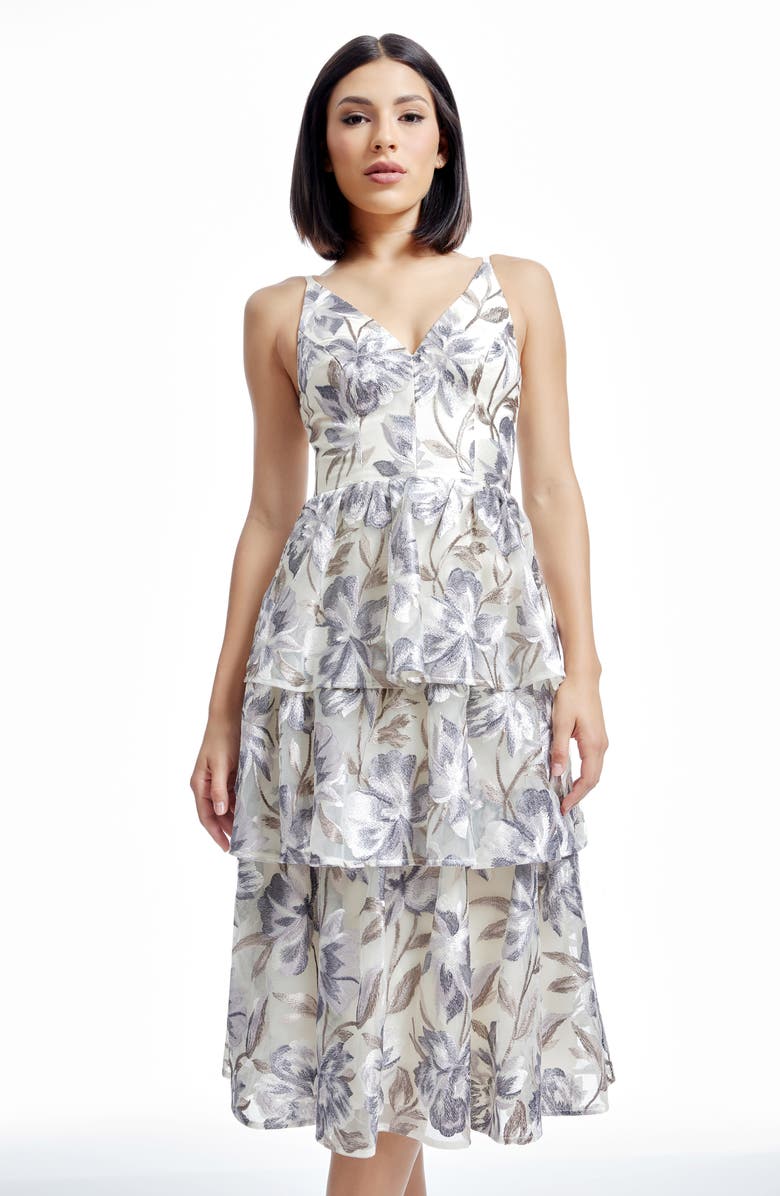 Dress the Population Lorelai Floral Embroidery Tiered Cocktail Midi Dress, Alternate, color, Ivory Multi
