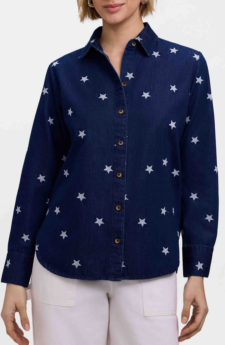 Foxcroft Meghan Star Embroidered Denim Button-Up Shirt, Main, color, Navy Blue/ Multi