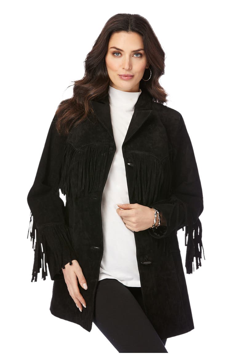 Plus Size Fringe Suede Jacket, Main, color, BLACK