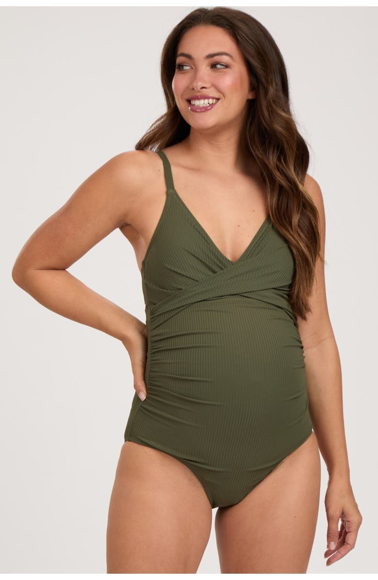 PinkBlush Ribbed V-Neck Ruched Back Cut-Out One Piece Swimsuit, Main, color, Olive Green
