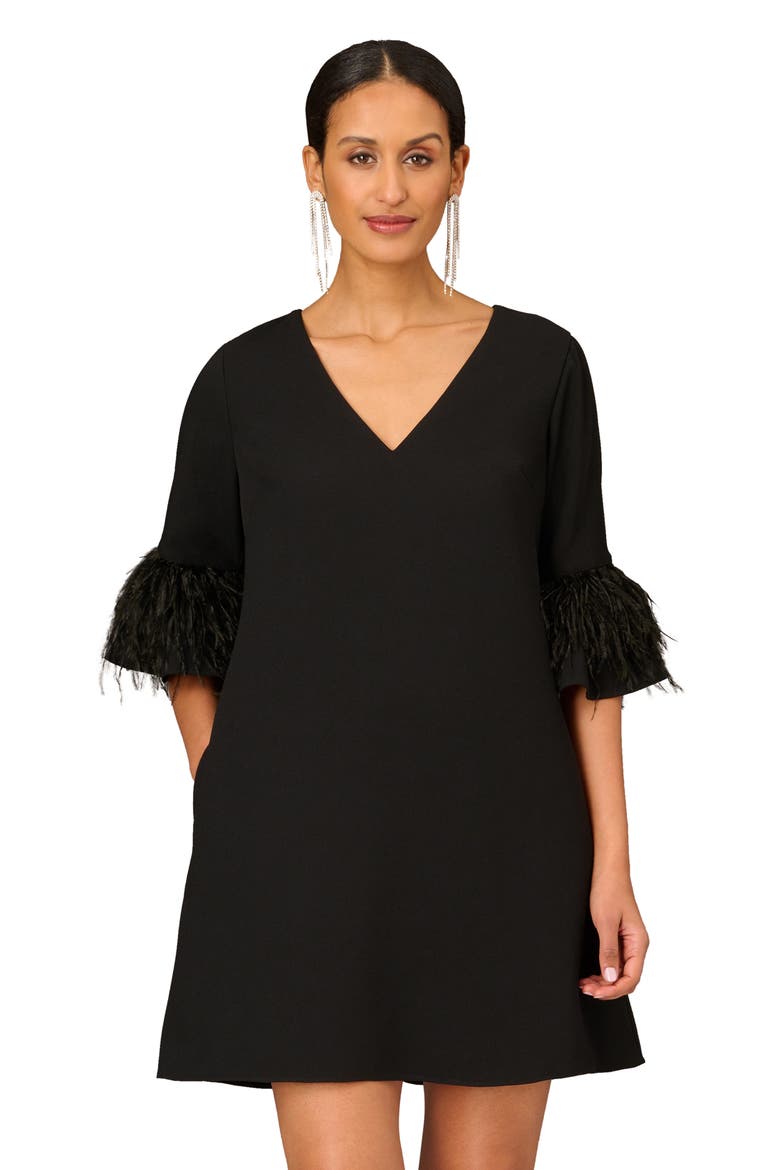 Feather Bell Sleeve Shift Cocktail Dress, Alternate, color, BLACK