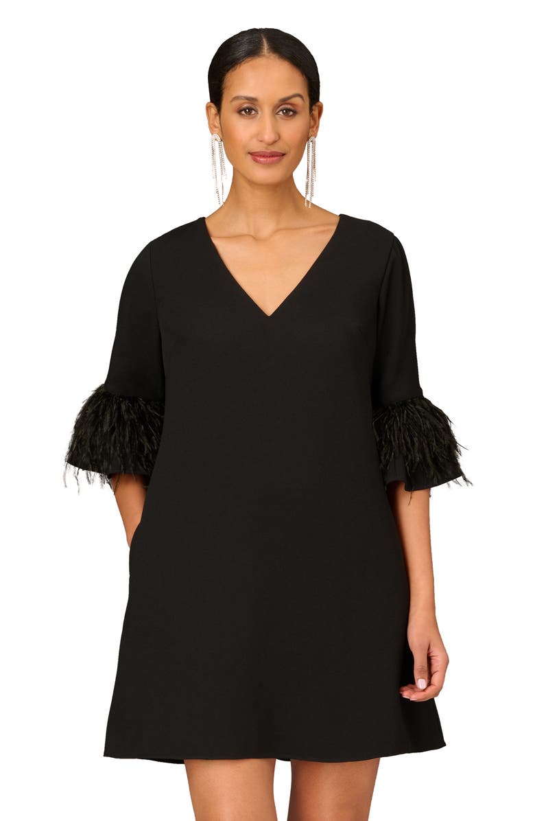 Aidan Mattox by Adrianna Papell Feather Bell Sleeve Shift Cocktail Dress, Alternate, color, Black