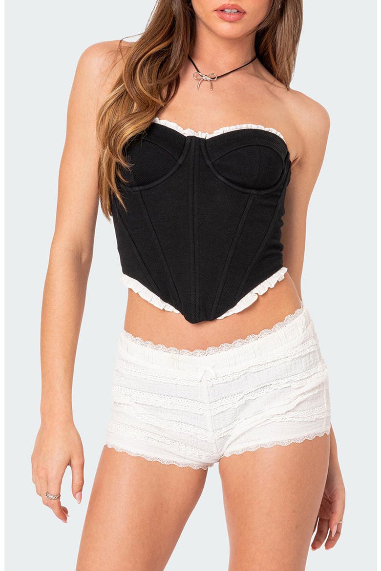 Tempting Ruffle Trim Strapless Corset Top, Main, color, BLACK