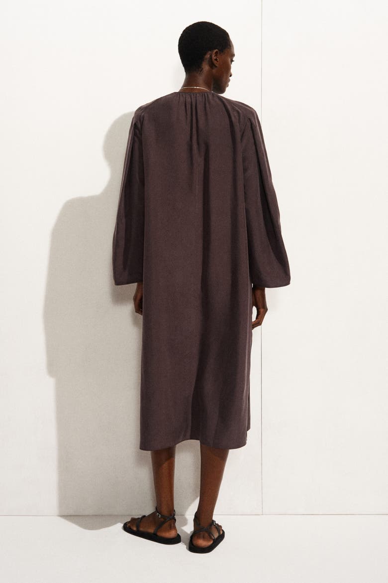 Gathered Silk Midi Dress, Alternate, color, BROWN