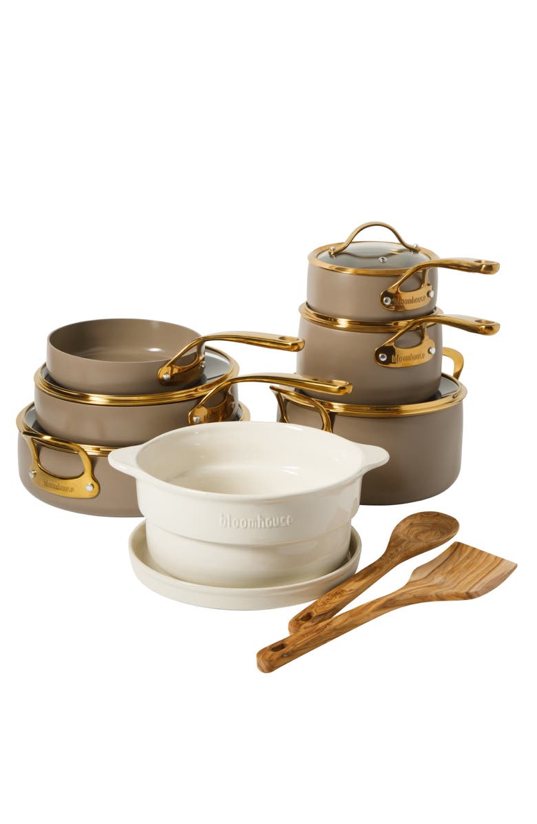Bloomhouse 15 Piece Ceramic Nonstick Aluminum Cookware Set with Dutch Oven, Main, color, Cappuccino With Gold Handle
