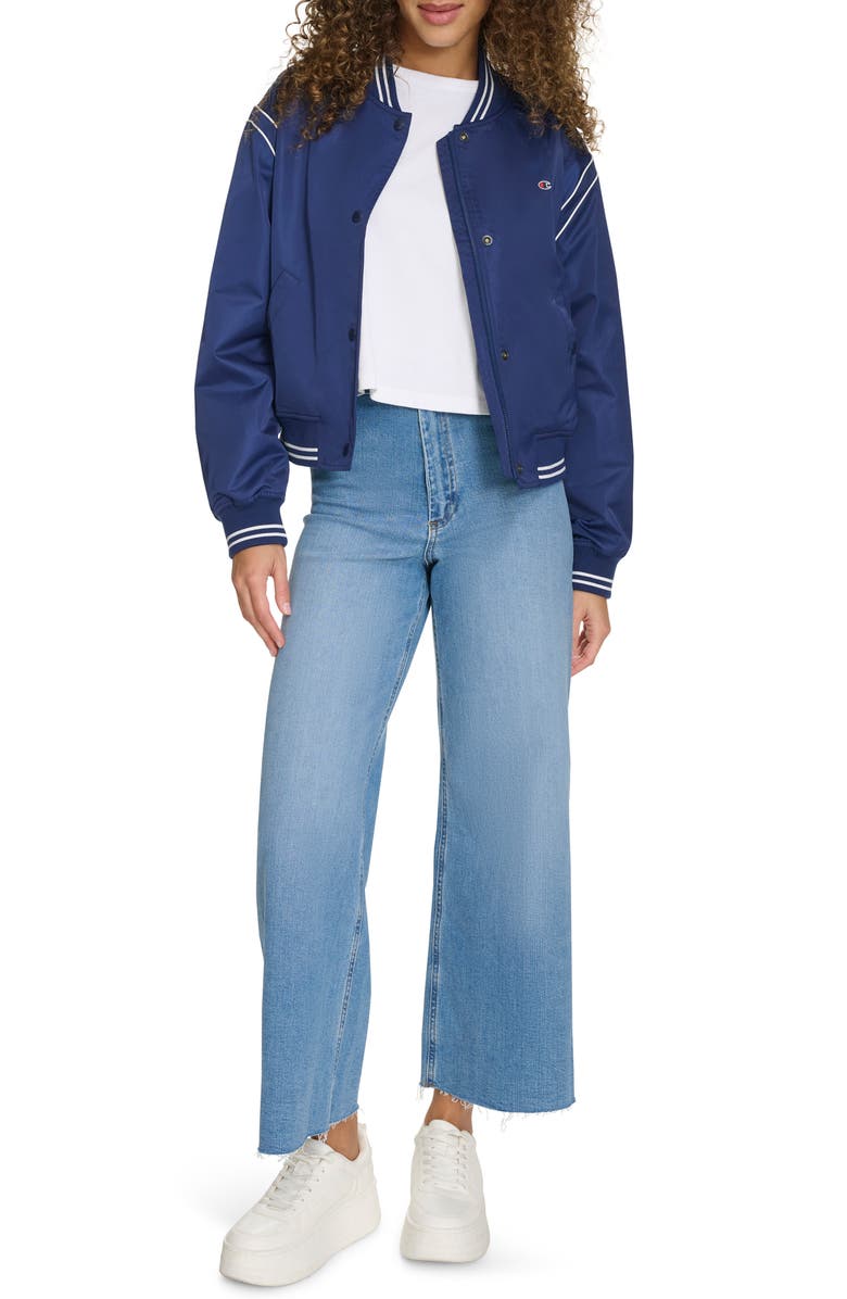 Champion Crop Varsity Jacket, Alternate, color, Medieval Blue