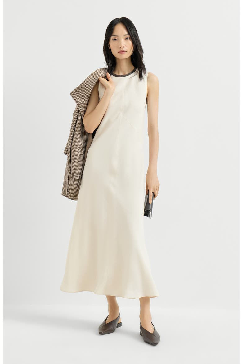 Viscose and linen fluid twill dress with precious collar, Alternate, color, Milk