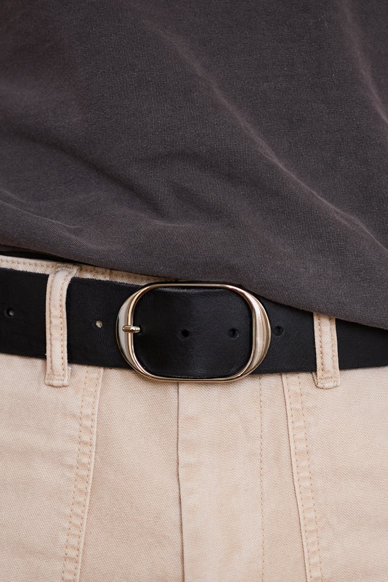Oval Buckle Leather Belt 45mm, Alternate, color, Black and Polished Nickel