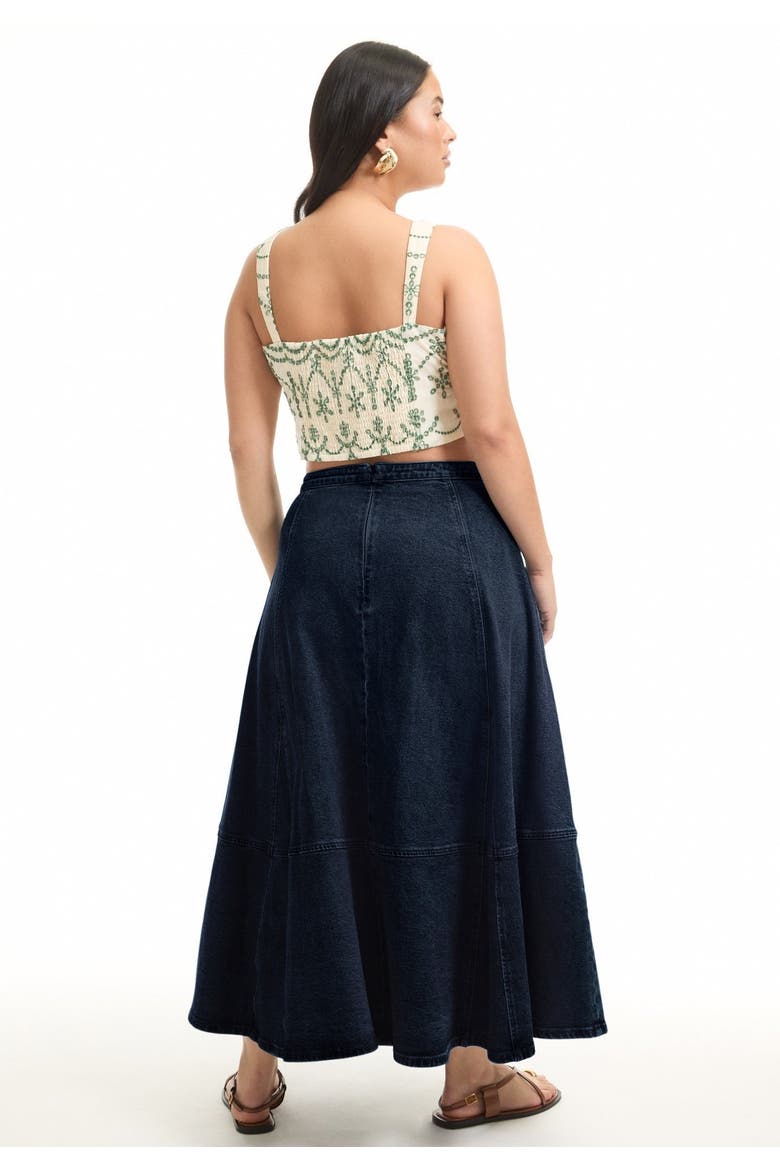 Fit-And-Flare Denim Midi Skirt, Alternate, color, DARK RINSE