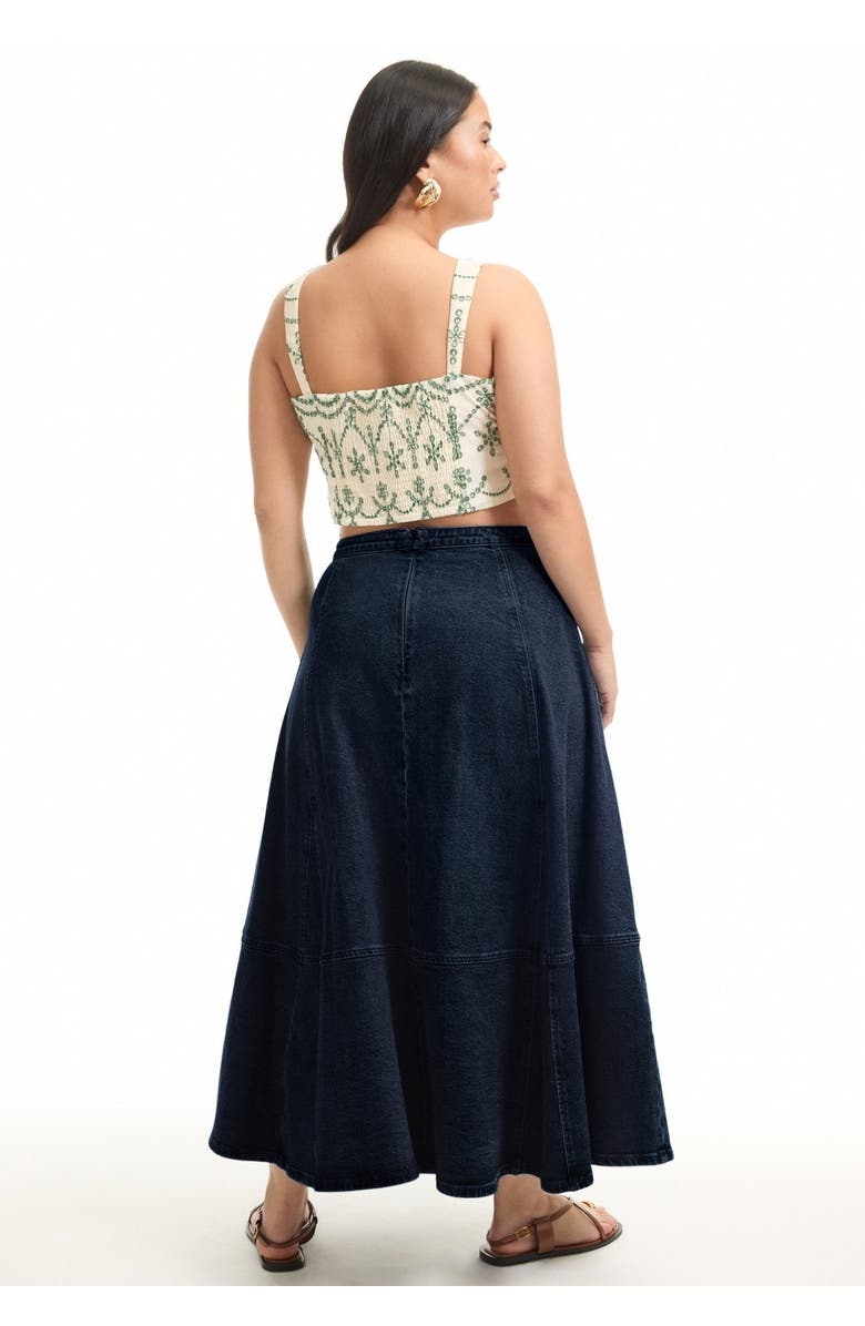 June + Vie Fit-And-Flare Denim Midi Skirt, Alternate, color, Dark Rinse