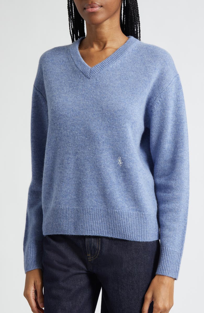 Sporty 
Rich Embroidered Logo Cashmere 
Wool V-Neck Sweater, Alternate, color, Colony Blue