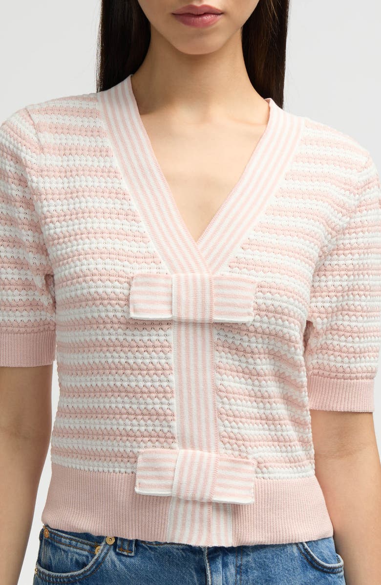 NVLT Bow Stripe Short Sleeve Cotton Blend Sweater, Alternate, color, Blush/ Marshmallow Stripe