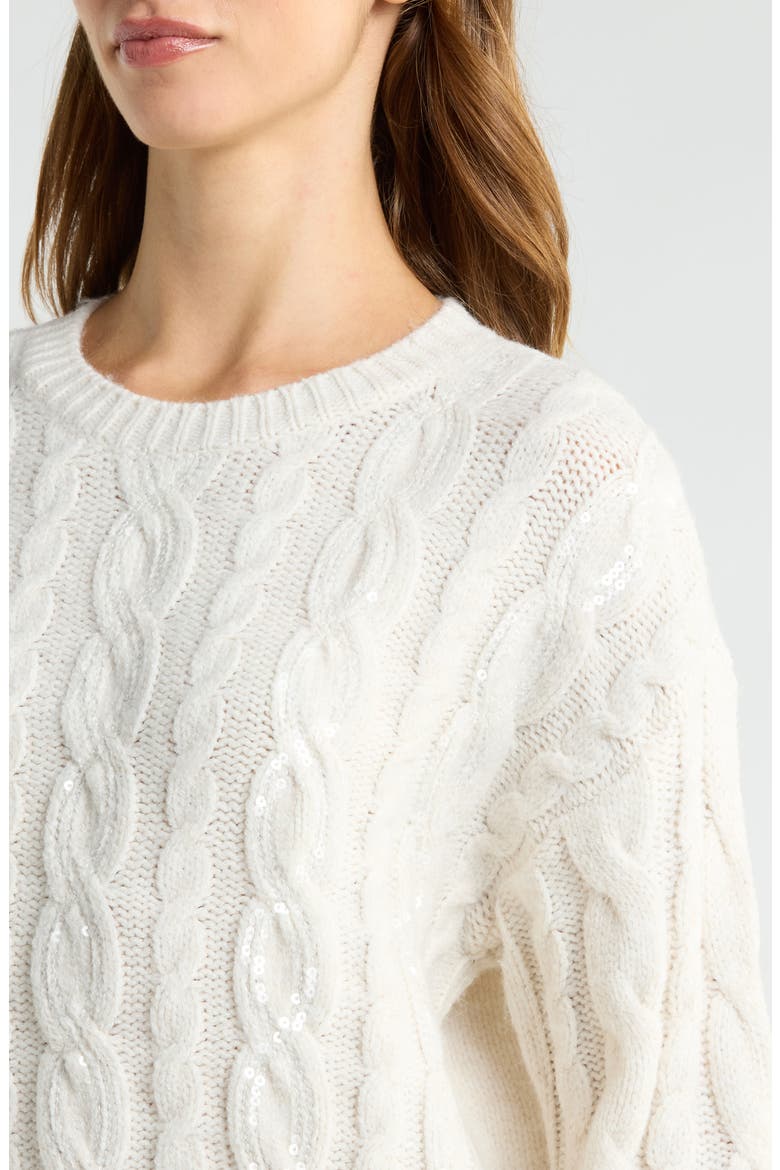 Sequin Cable Sweater, Alternate, color, IVORY HEATHER
