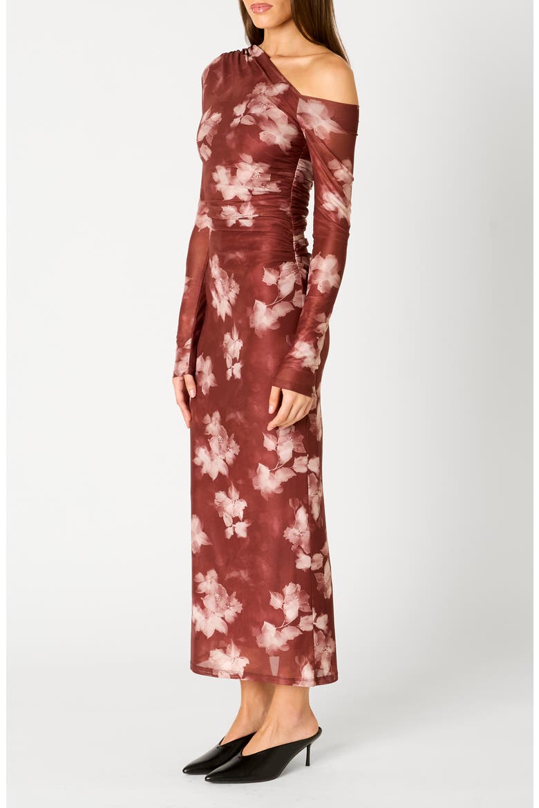 Lyra Floral One-Shoulder Long Sleeve Dress, Alternate, color, MERLOT