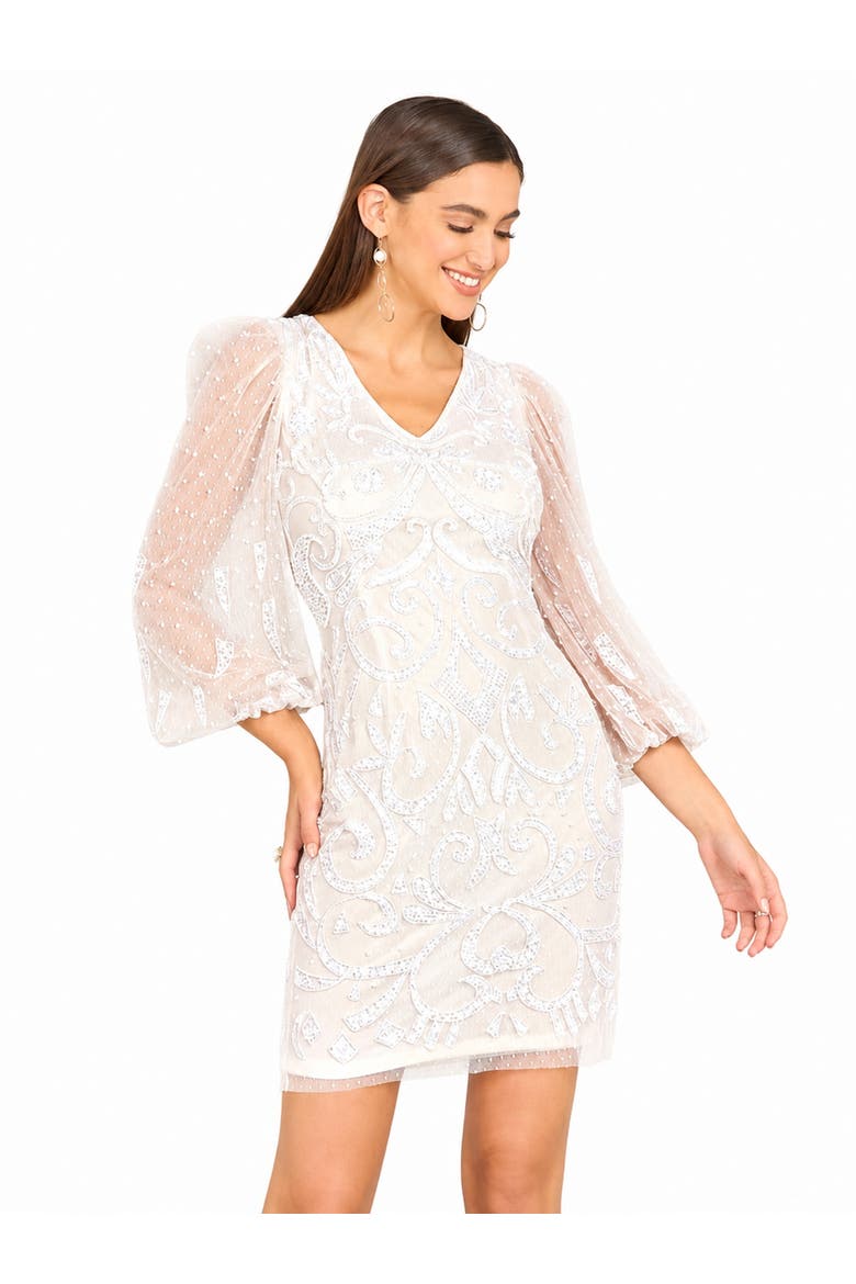 V-Neck, Balloon Sleeve Bridal Mini, Alternate, color, IvoryNude