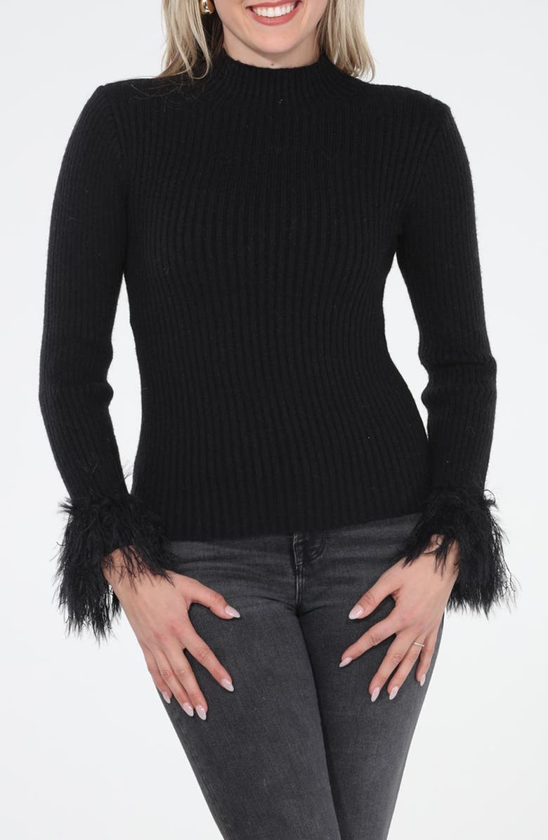 RAIN AND ROSE Faux Feather Cuff Ribbed Sweater, Main, color, Black