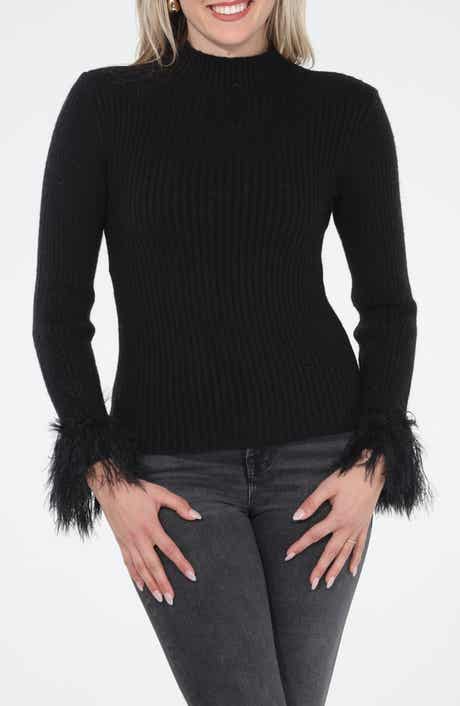 Faux Feather Cuff Ribbed Sweater
