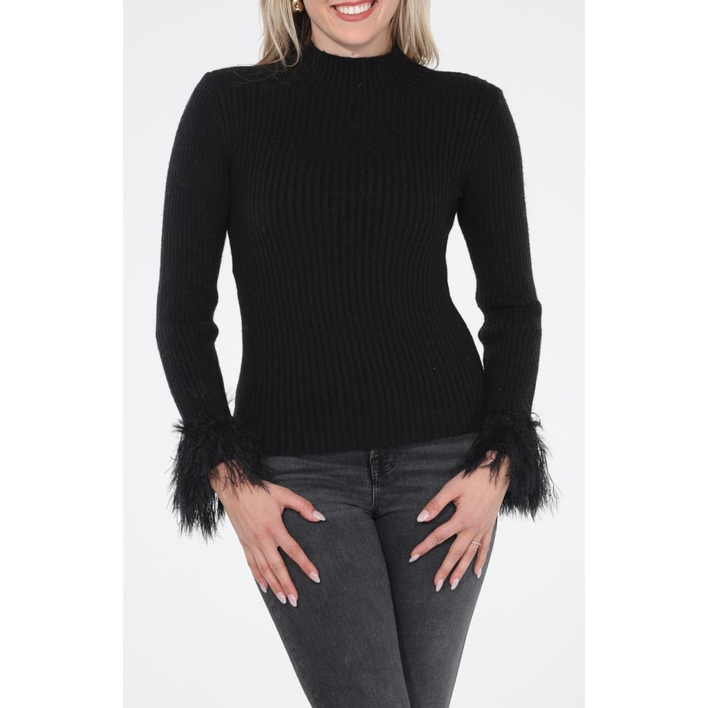 Rain And Rose Faux Feather Cuff Ribbed Sweater In Black