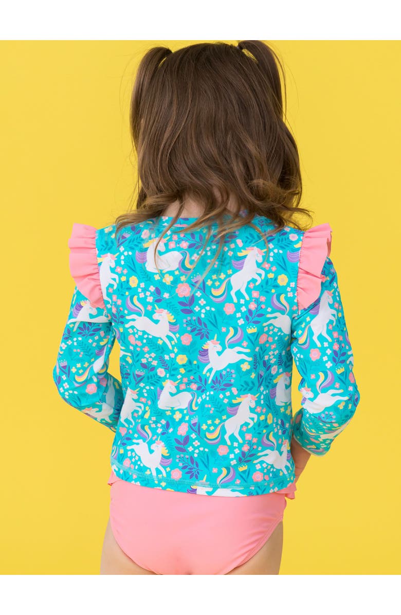 RuffleButts Baby/Toddler Girls UPF50+ Sun Protected Skirted Flutter Long Sleeve Rash Guard Bikini, Alternate, color, Bright Aqua Unicorn Meadow