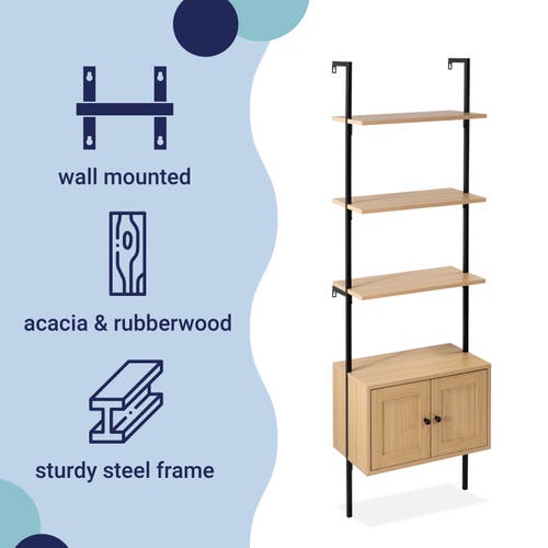 Happimess Tulare 72.05" Midcentury Industrial 4-shelf Wood Wall-mounted Open Ladder Bookcase With Ca In Light Oak/black