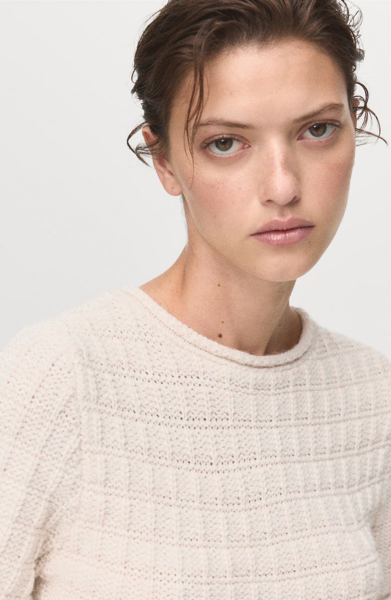 MANGO Textured Short Sleeve Peplum Sweater, Alternate, color, Ecru