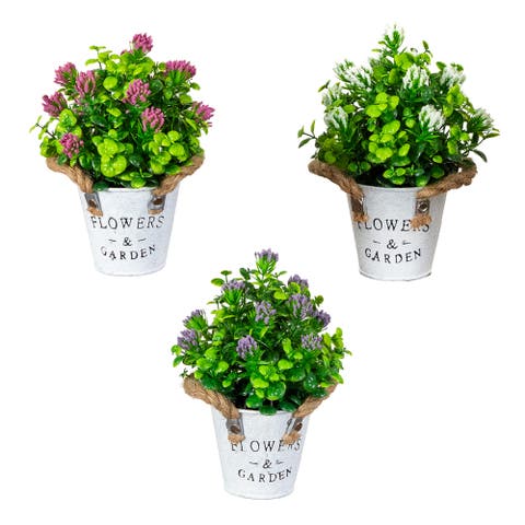 8-in Artificial Blooming Plant in Rustic Flowers & Garden Planter - Set of 3