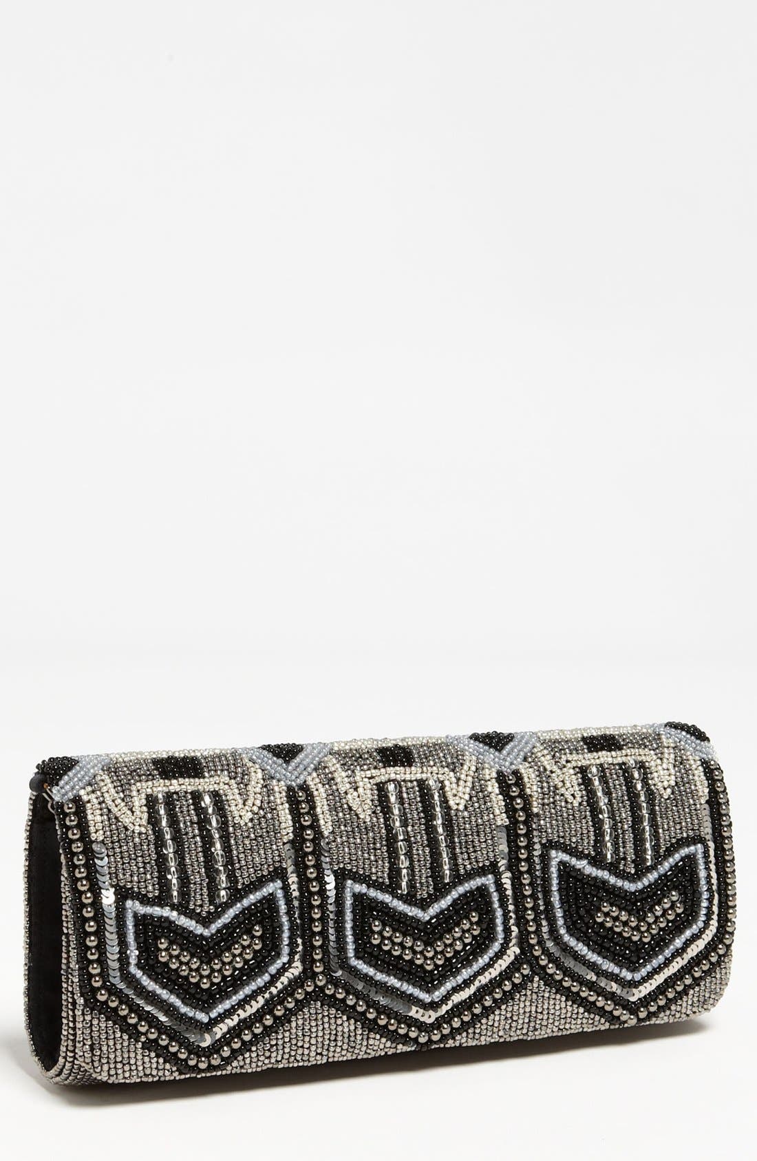 'Deco' Beaded Clutch, Main, color, BLACK/ PEWTER