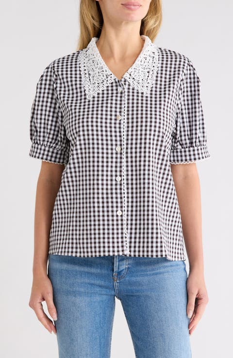 Gingham Lace Collar Cotton Shirt