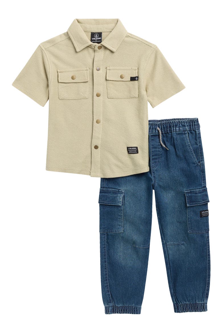 Kids' Short Sleeve Button-Up Shirt & Cargo Jeans Set, Main, color, KHAKI