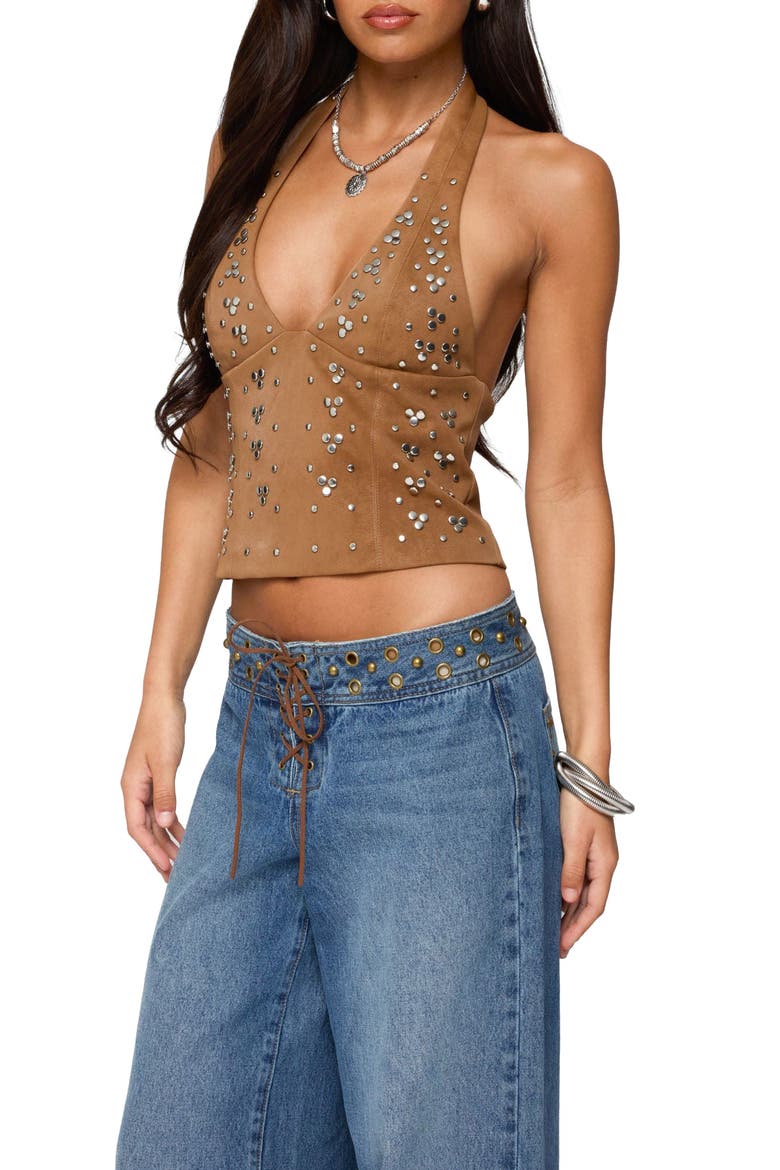Xaria Studded Faux Suede Halter Top, Alternate, color, BROWN