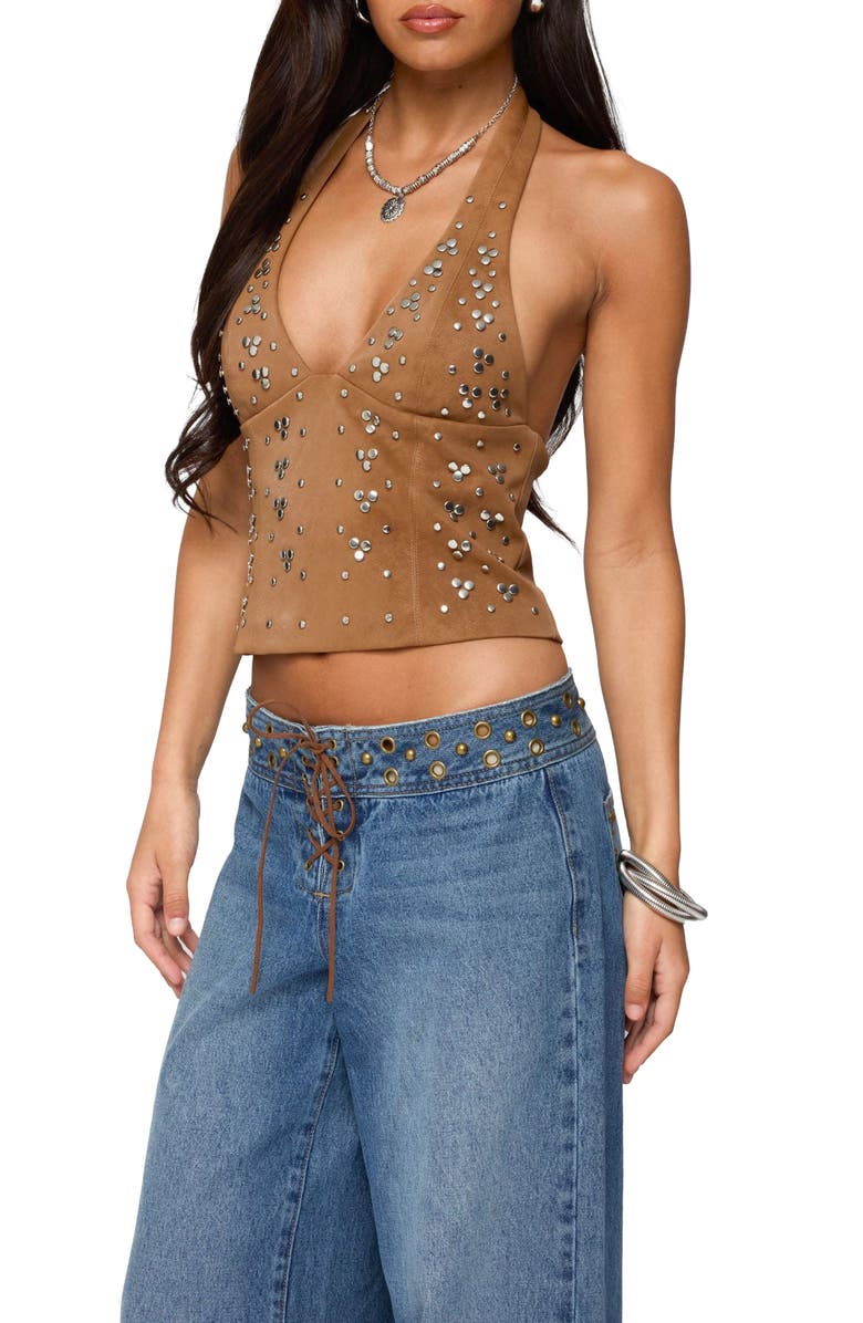 EDIKTED Xaria Studded Faux Suede Halter Top, Alternate, color, Brown