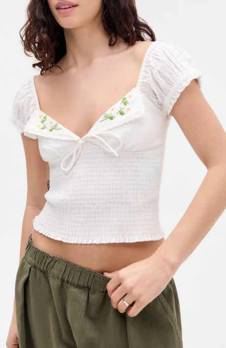BDG Urban Outfitters Embroidered Smocked Cotton Top