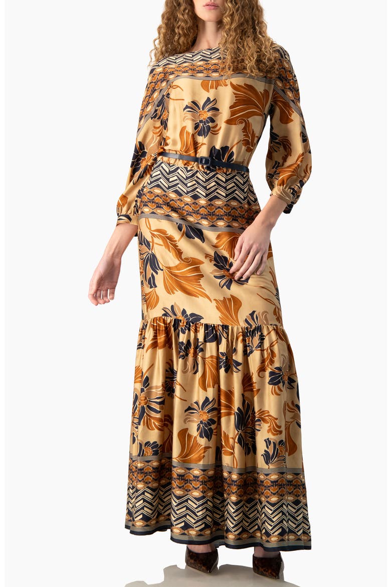 Belted Floral Fit-and-Flare Maxi Dress, Main, color, Light Brown