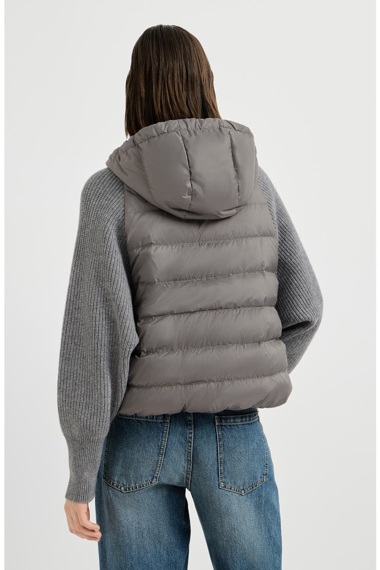 Water-resistant matte nylon hooded down jacket with monili and sleeves in virgin wool, cashmere and silk knit, Alternate, color, Medium Grey