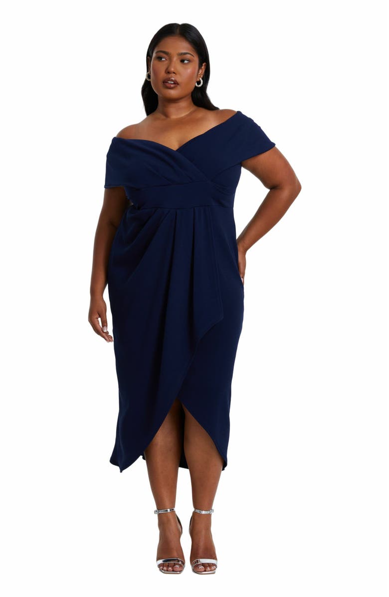 QUIZ Plus Size Bardot Pleated Detail Midi Dress, Main, color, 