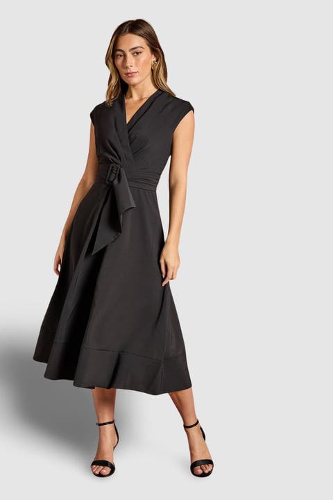 Belted Crepe V-Neck Midi Dress