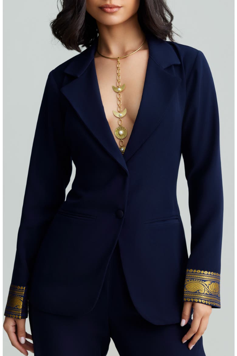 Mila Metallic Contrast Cuff Blazer, Main, color, NAVY BLUE