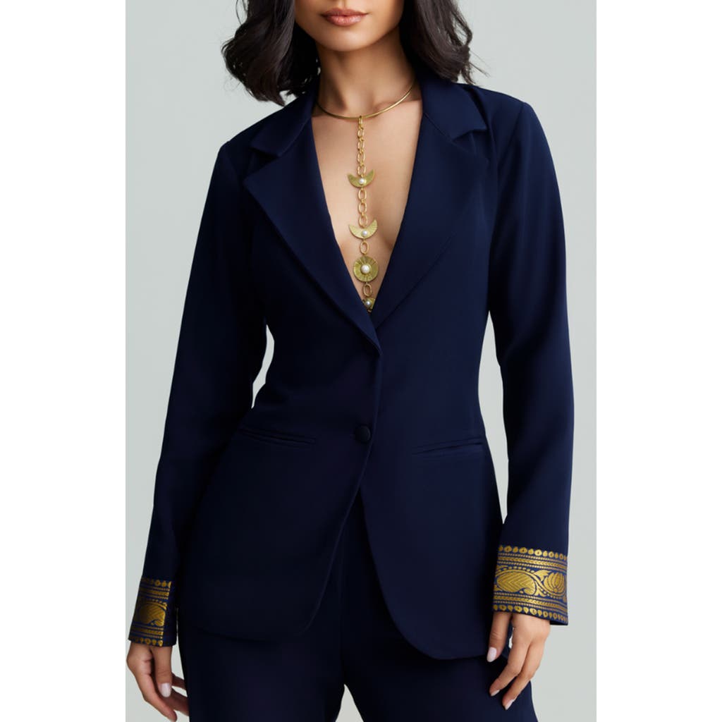 Holichic Mila Metallic Contrast Cuff Blazer In Blue